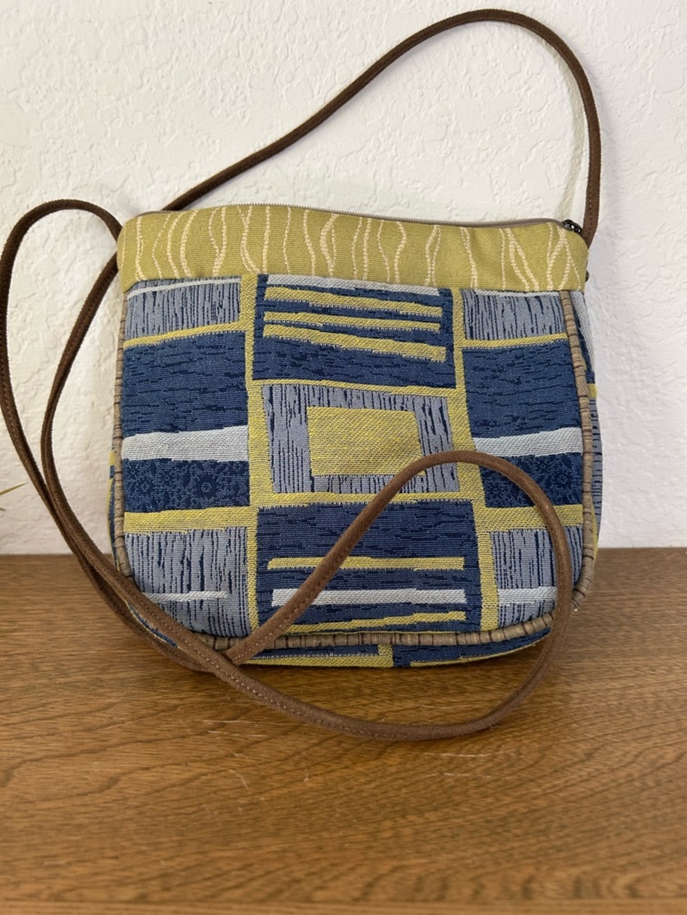 Maruca Geometric Pattern Crossbody Bag in Blue and Yellow,  Boulder, Colorado.